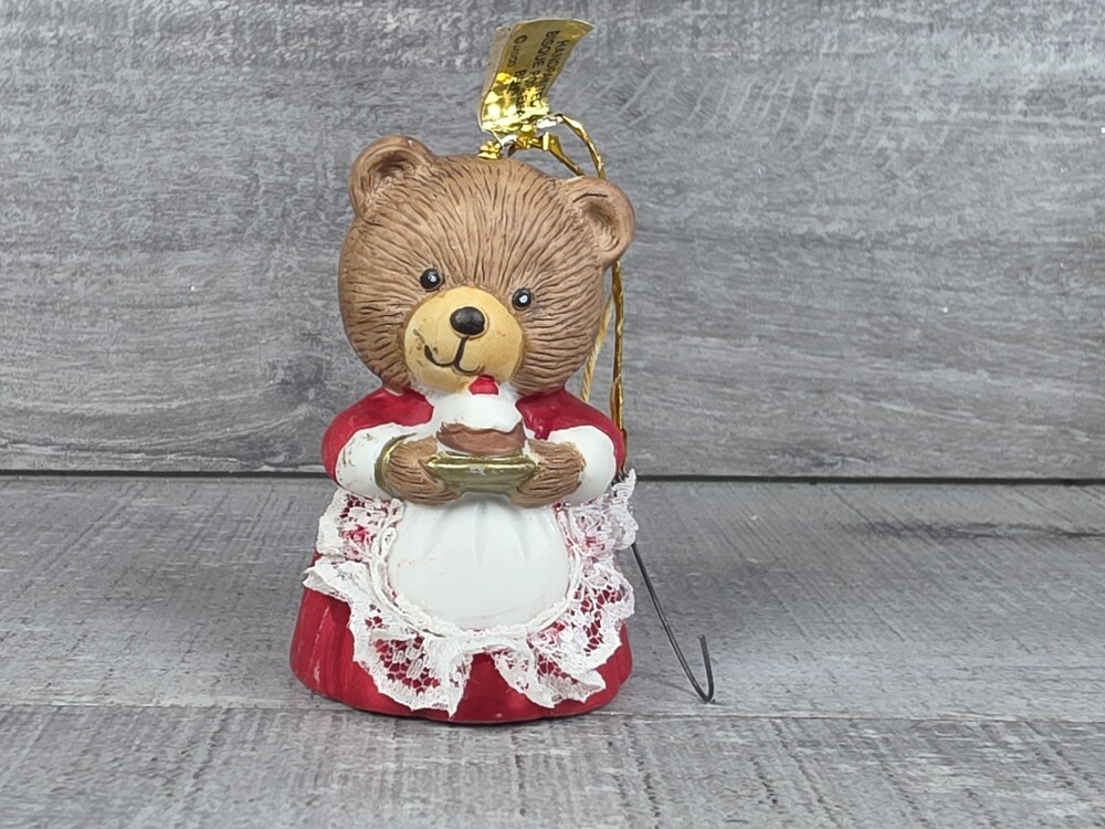 Lil Chimers Bell Christmas Mama Bear Holding Cake Vtg Porcelain Ornament 25b6